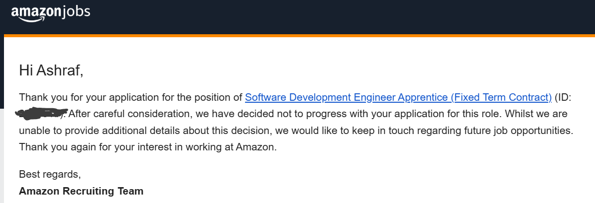 A rejection email from Amazon for a Software Development Engineer Apprentice role.