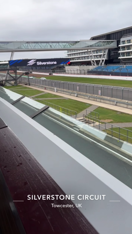 A view of the track and buildings at the Silverstone Circuit..