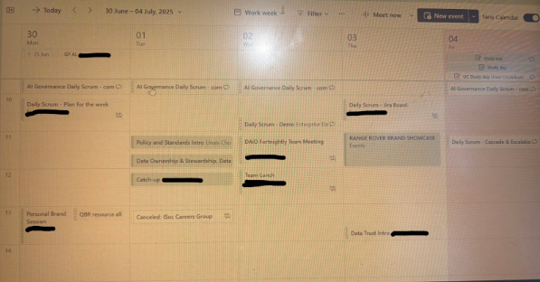 A screenshot of the author's weekly calendar showing a mix of work meetings and study blocks.