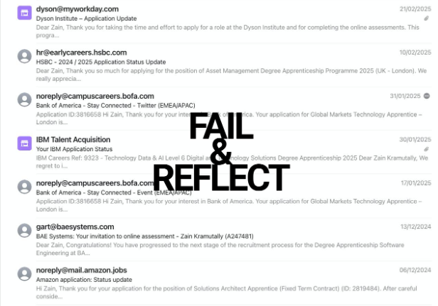 Screenshot of rejection emails with text overlay saying FAIL & REFLECT